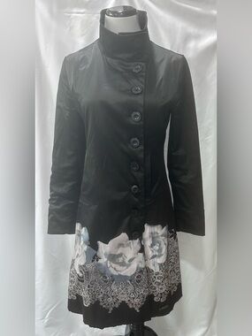 Desigual Black Floral Rose Long Trench Coat Jacket Stand Collar Size 38 US Small
